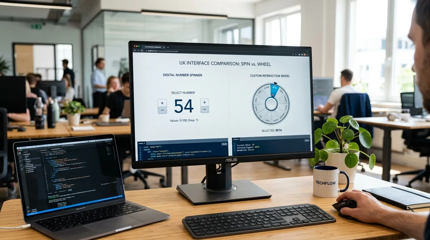 Dual desktop monitor showing a comparison between the basic Google spinner number widget and a customizable canvas wheel