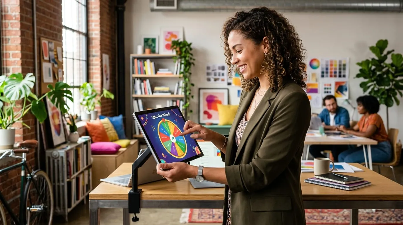 A sleek digital spin wheel tool running on a modern laptop with customized colored task sectors