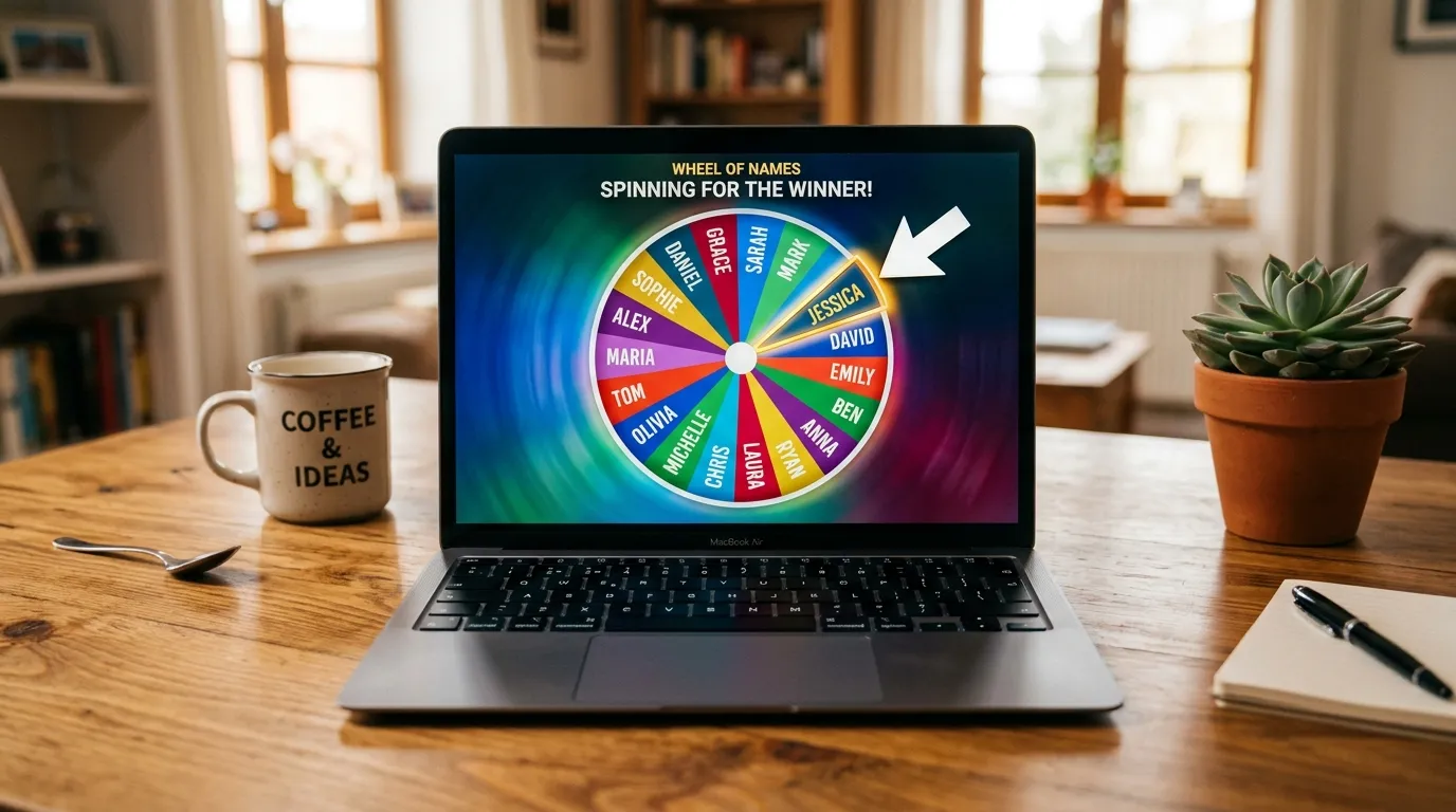 Laptop displaying a digital wheel of names picker with twenty colored entries and an arrow pointing to the selected winner